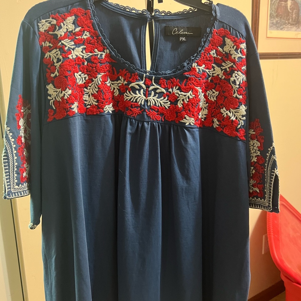 PXL Caloes Navy Embroidered Peasant Blouse with Red and White Floral Accents